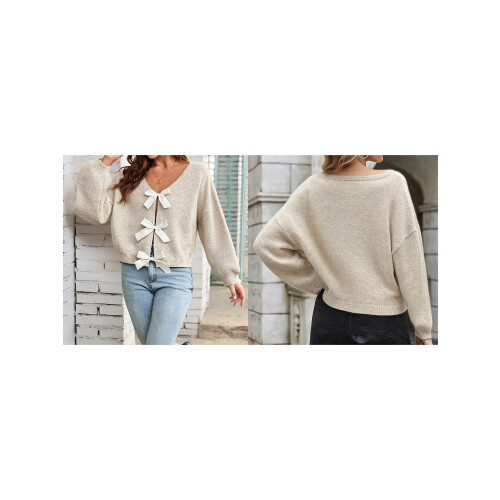 (L, Khaki) Γυναικείο Πλεκτό Ζακέτα Μπροστά, Μονόχρωμο, Μακρυμάνικο, V-Neck 1
