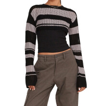 (S, Black) Boléro rayé en maille pour femme, pull court à manches longues et col rond, léger et tendance