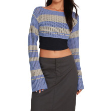 (S, Blue) Boléro rayé en maille pour femme, pull court à manches longues et col rond, léger et tendance