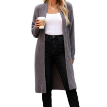 (One Size, Gray) Gilet long en maille pour femme, couleur unie, duveteux, coupe ample, pull léger