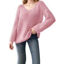 (L, Pink) Pull femme épaules dénudées automne couleur unie coupe ample manches longues cloche en maille