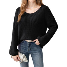 (M, Black) Pull femme épaules dénudées automne couleur unie coupe ample manches longues cloche en maille