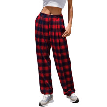 (M, Red) Lässige Damenhose mit weitem Bein, hohem Bund, Karomuster und Bundfalten vorne, lockere Passform