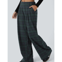 (S, Dark Green) Lässige Damenhose mit weitem Bein, hohem Bund, Karomuster und Bundfalten vorne, lockere Passform