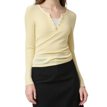 (L, Light Yellow) Chemises à manches longues et coupe ajustée pour femmes, mi-boutonnées, style automne, couleur unie tendance