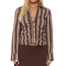 (S, Dark Brown) Chemise femme rayée, boutonnée, manches longues, col en V, coupe décontractée idéale pour l'automne