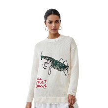 (M, White) Pull ample d'automne pour femme, manches longues, col rond, en maille, motif animal mignon