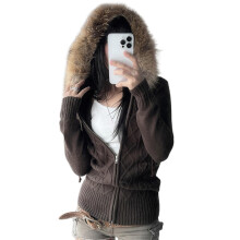 (L, Dark Brown) Sweat-shirts à capuche zippés pour femmes, légers, à manches longues, couleur unie, en maille torsadée, cardigans
