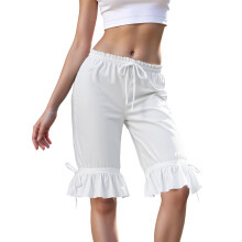 (M, White) Bloomer long pour femme, short à volants taille basse élastique, pantalon de pyjama court arrivant au genou