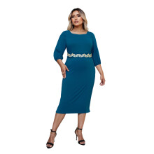 (XXXL, Blue) Robe crayon femme décontractée à manches 3/4 et col cœur, couleur unie, grande taille avec ceinture