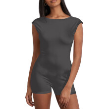 (M, Gray) Tuta corta da donna a tinta unita con maniche a 1/4, estiva, senza schienale, slim fit, casual, da discoteca.