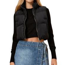 (M, Black) Chaleco acolchado para mujer, sin mangas, color liso, cuello alto, cremallera, chaqueta corta informal con bolsillos
