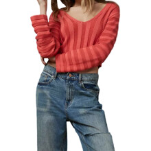 (M, Orange) Pull court en maille pour femme, manches longues, col en V profond, rayures texturées, côtelé
