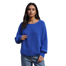 (M, Blue) Pull ample pour femme, coupe tendance, décontracté, couleur unie, col rond, manches longues, en maille