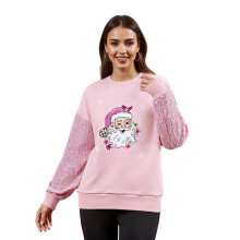 (L, Pink) Sweat-shirt de Noël pour femme, col rond, manches longues, avec Père Noël, coupe ample, parfait pour l'automne