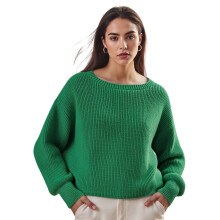 (S, Green) Pull ample pour femme, coupe tendance, décontracté, couleur unie, col rond, manches longues, en maille