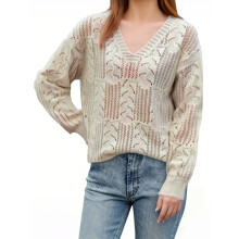 (XL, Beige) Pull femme en maille, col V, manches longues, ajouré, couleur unie, chaud pour automne/hiver.