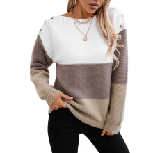 (S, Brown) Pull ample d'automne pour femme, coloris contrasté, épaules dénudées, manches longues, en maille.