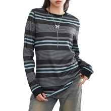 (M, Stripe) Dames T-shirts met lange mouwen, strepen, onregelmatige zoom en ronde hals, lente/herfst tops, streetwear