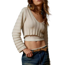 (M, Beige) Pull court en maille pour femme, manches longues, col en V profond, rayures texturées, côtelé