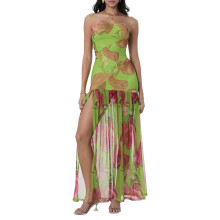 (L, Green) Robe bustier femme, slim fit, dos nu, empiècements en résille, imprimé léopard, fente haute, idéale pour soirées.