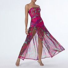 (XXL, Purple) Robe bustier femme, slim fit, dos nu, empiècements en résille, imprimé léopard, fente haute, idéale pour soirées.