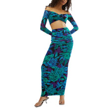 (M, Blue) Dámská sukně, květinový potisk, dlouhý rukáv, odhalená ramena, crop top s vysokým pasem, podzimní outfit