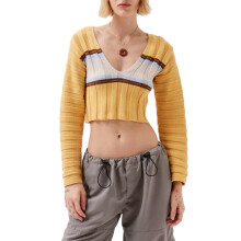 (S, Yellow) Pull court en maille pour femme, manches longues, col en V profond, rayures texturées, côtelé