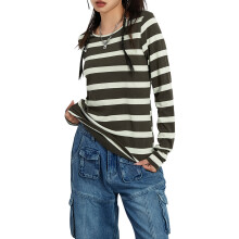 (S, Brown Stripe) Chemise basique à manches longues pour femme, pull décontracté rayé d'automne, style streetwear.