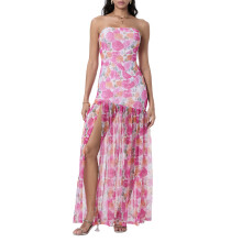 (S, Pink) Robe bustier femme, slim fit, dos nu, empiècements en résille, imprimé léopard, fente haute, idéale pour soirées.