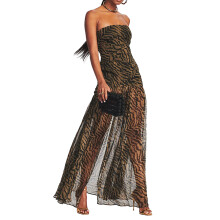 (S, Brown) Robe bustier femme, slim fit, dos nu, empiècements en résille, imprimé léopard, fente haute, idéale pour soirées.