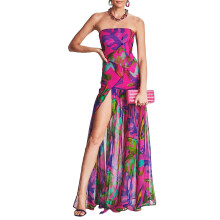 (L, Purple) Robe bustier femme, slim fit, dos nu, empiècements en résille, imprimé léopard, fente haute, idéale pour soirées.