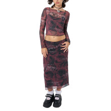 (M, Wine Red) Dámská sukně, top s dlouhým rukávem, kulatým výstřihem a nízkým pasem, podzimní outfit