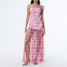 (XL, Pink) Robe bustier femme, slim fit, dos nu, empiècements en résille, imprimé léopard, fente haute, idéale pour soirées.