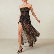 (XL, Brown) Robe bustier femme, slim fit, dos nu, empiècements en résille, imprimé léopard, fente haute, idéale pour soirées.