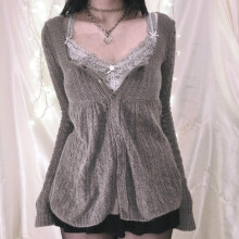 (S, Dark Grey) Pulls en maille torsadée pour femmes, manches longues, col carré, fermeture boutonnée, coupe ample.