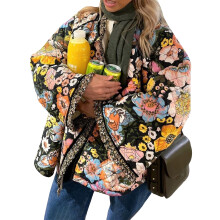 (L, Black) Veste matelassée ample d'hiver pour femme, imprimé floral, fermeture boutonnée, manches longues, manteau chaud