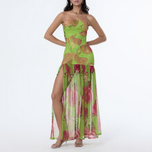 (XXL, Green) Robe bustier femme, slim fit, dos nu, empiècements en résille, imprimé léopard, fente haute, idéale pour soirées.