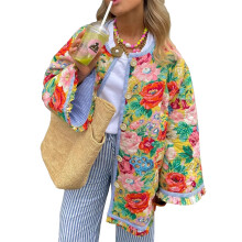 (L, Colorful) Veste matelassée ample d'hiver pour femme, imprimé floral, fermeture boutonnée, manches longues, manteau chaud