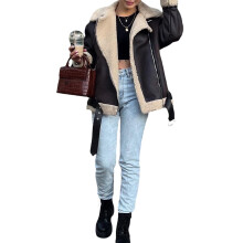 (XS, Dark Brown) Manteau d'hiver femme en cuir PU, col revers, doublure polaire, manches longues, zip et poches