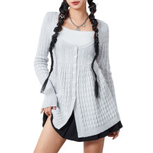 (M, Light Grey) Pulls en maille torsadée pour femmes, manches longues, col carré, fermeture boutonnée, coupe ample.