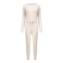 (M, Apricot) Ensemble décontracté femme : haut court à manches longues en maille côtelée et pantalon. Vêtement d'intérieur.