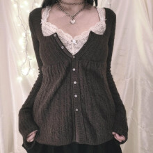 (L, Black Grey) Pulls en maille torsadée pour femmes, manches longues, col carré, fermeture boutonnée, coupe ample.