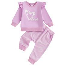 (6-12 Months, Purple) Herbstoutfit für Kleinkinder Mädchen: Langarm-Sweatshirt mit Herzmuster und lange Hose (2-teiliges Set)