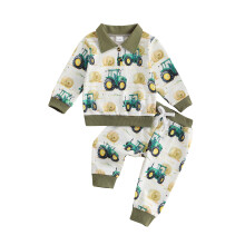 (0-6 Months, Green) Conjunto para niño pequeño: sudadera con cuello de solapa y pantalón largo, estampado de tractor.