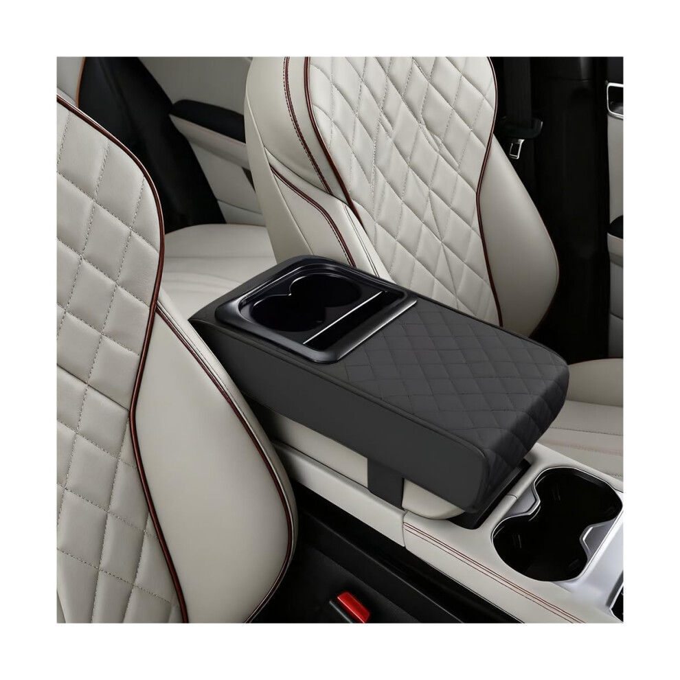 Car Armrest Pad With Cup Holder And Phone Mount, Nappa Leather Console Cushion For Suv Truck 9169991201634