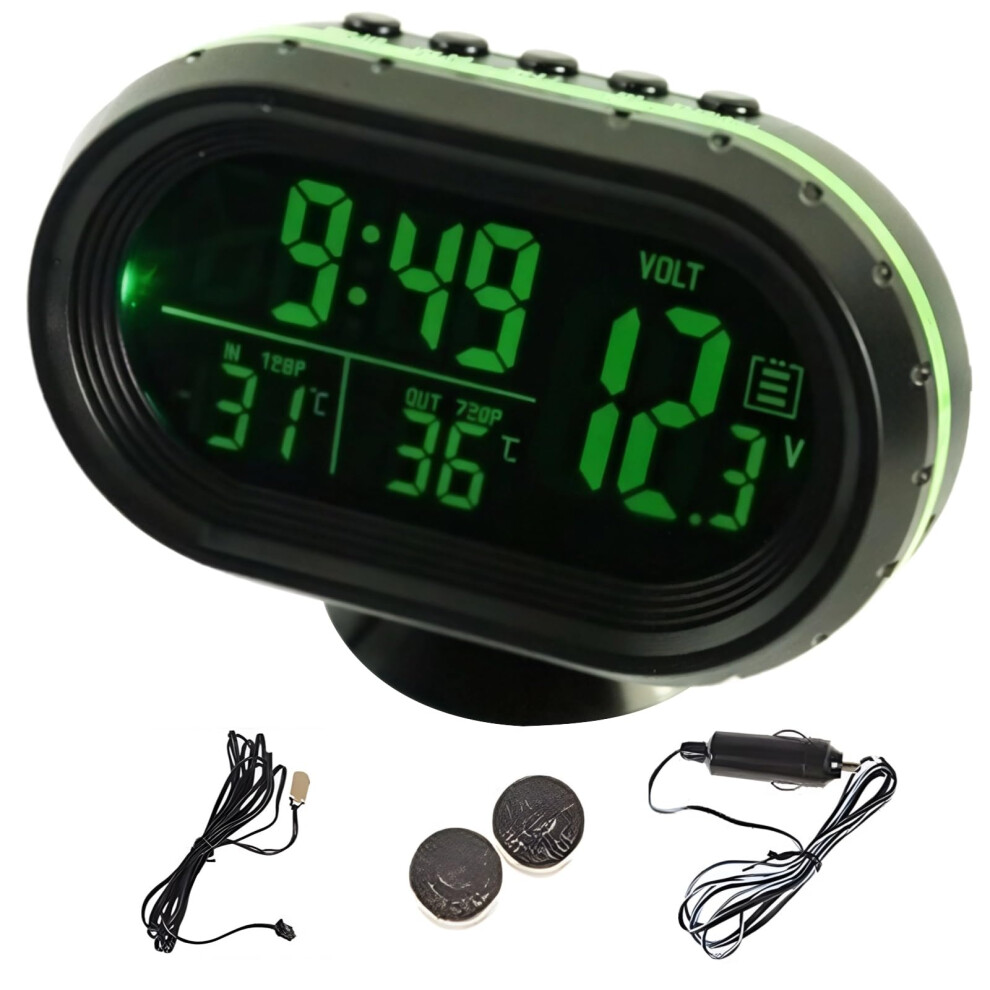 3In1 Car Voltage Meter And Dashboard Clock With Led, 12V Battery And Temperature Display Green 9169991202075