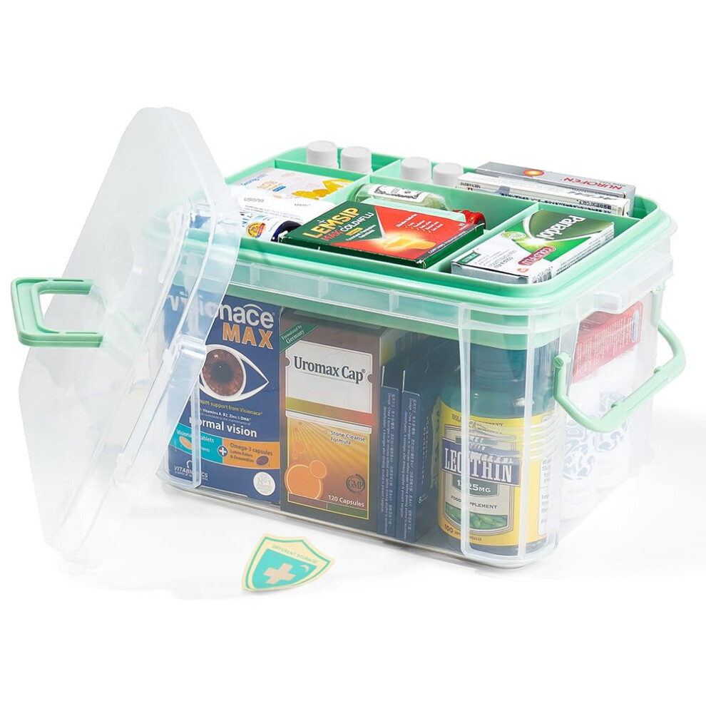 Large Clear First Aid Storage Box with Handle, TwoLayer Medicine Organizer with Divider Tray