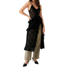 (M, Black) Camisola de encaje para mujer, top sin mangas con escote en V y volantes, transparente y largo para verano.