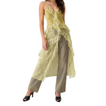 (L, Light Yellow) Camisola de encaje para mujer, top sin mangas con escote en V y volantes, transparente y largo para verano.